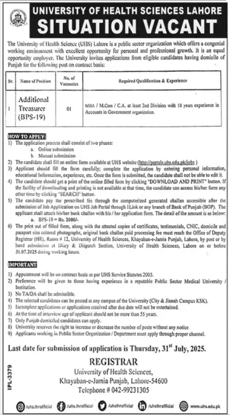 Additional Treasurer Job in University of Health Sciences 2 University of health science jobs