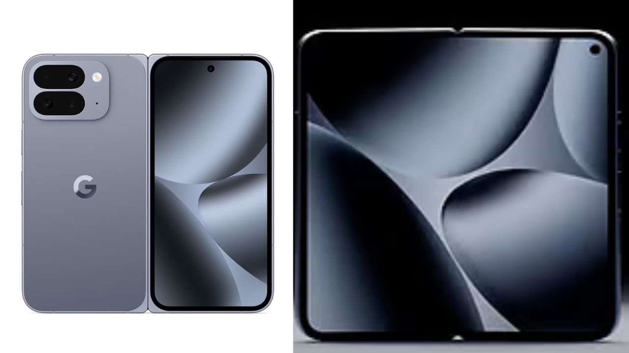 Google Pixel 10 Pro Fold teaser showing unfolded OLED display and rear camera system.