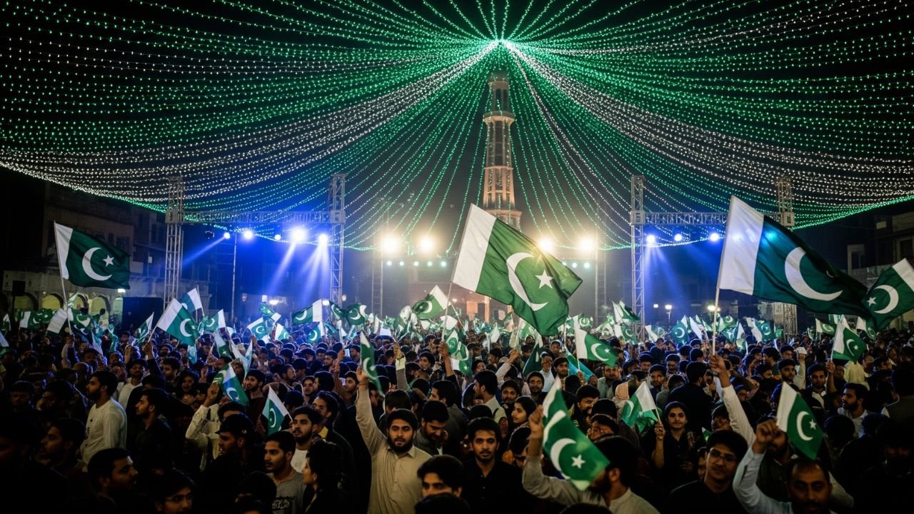 Lahore Elevated Expressway Project Plans Unveiled 2 Lahore Independence Day celebrations at Liberty Chowk with crowd, stage, and Pakistani flags.
