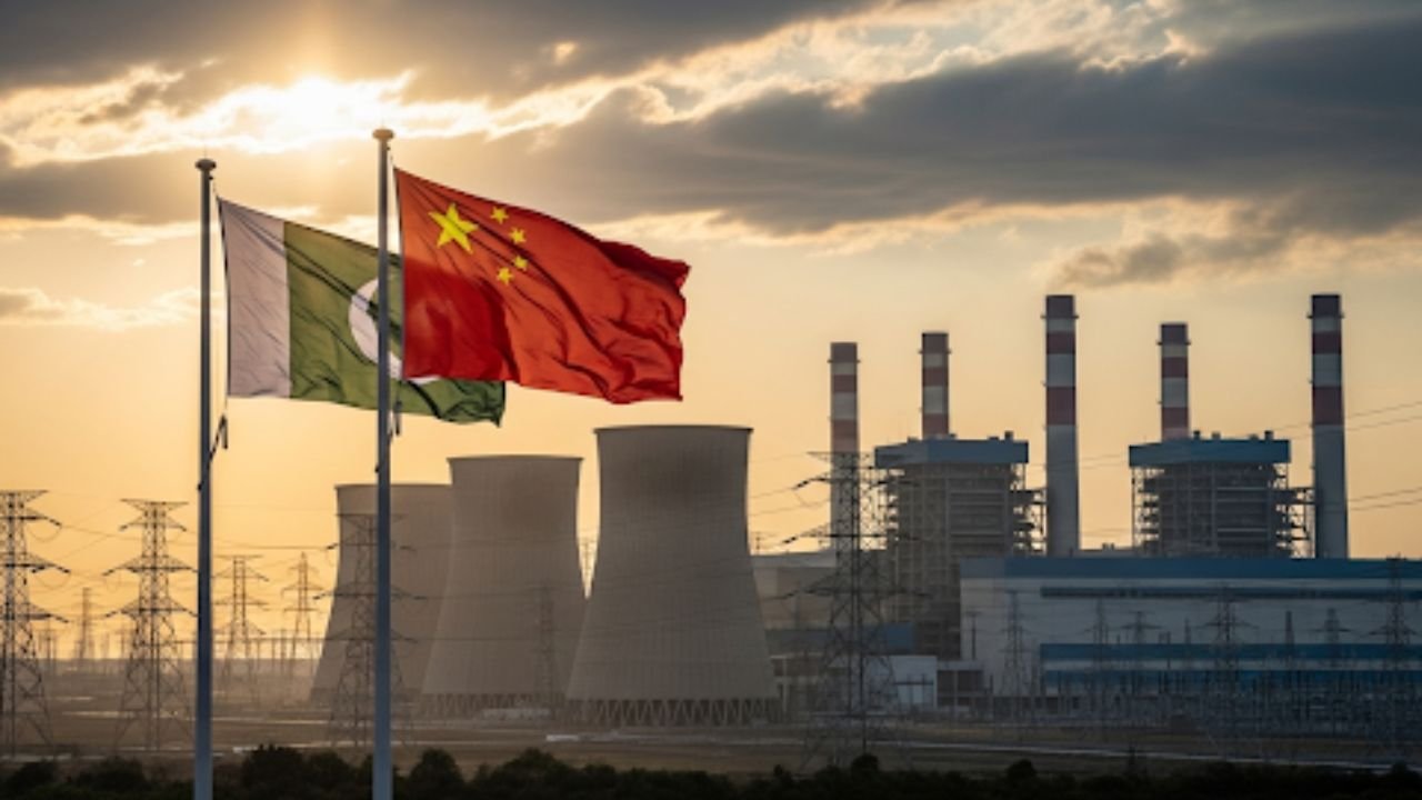 Pakistani and Chinese officials agree on debt re-profiling plan for power sector, with power plants and transmission lines in the background.