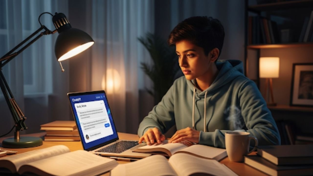 Pakistani student using ChatGPT Study Mode on laptop during study session.