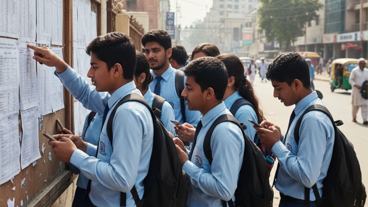 Pakistani students in Lahore checking their BISE Intermediate Results 2025 outside an educational board office.