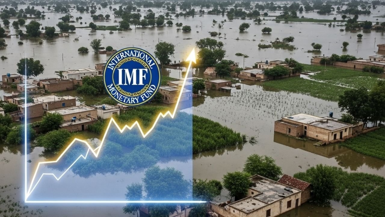 Flooded fields in Pakistan with IMF logo and financial graphs symbolizing the review of Pakistan’s budget and economy after devastating floods