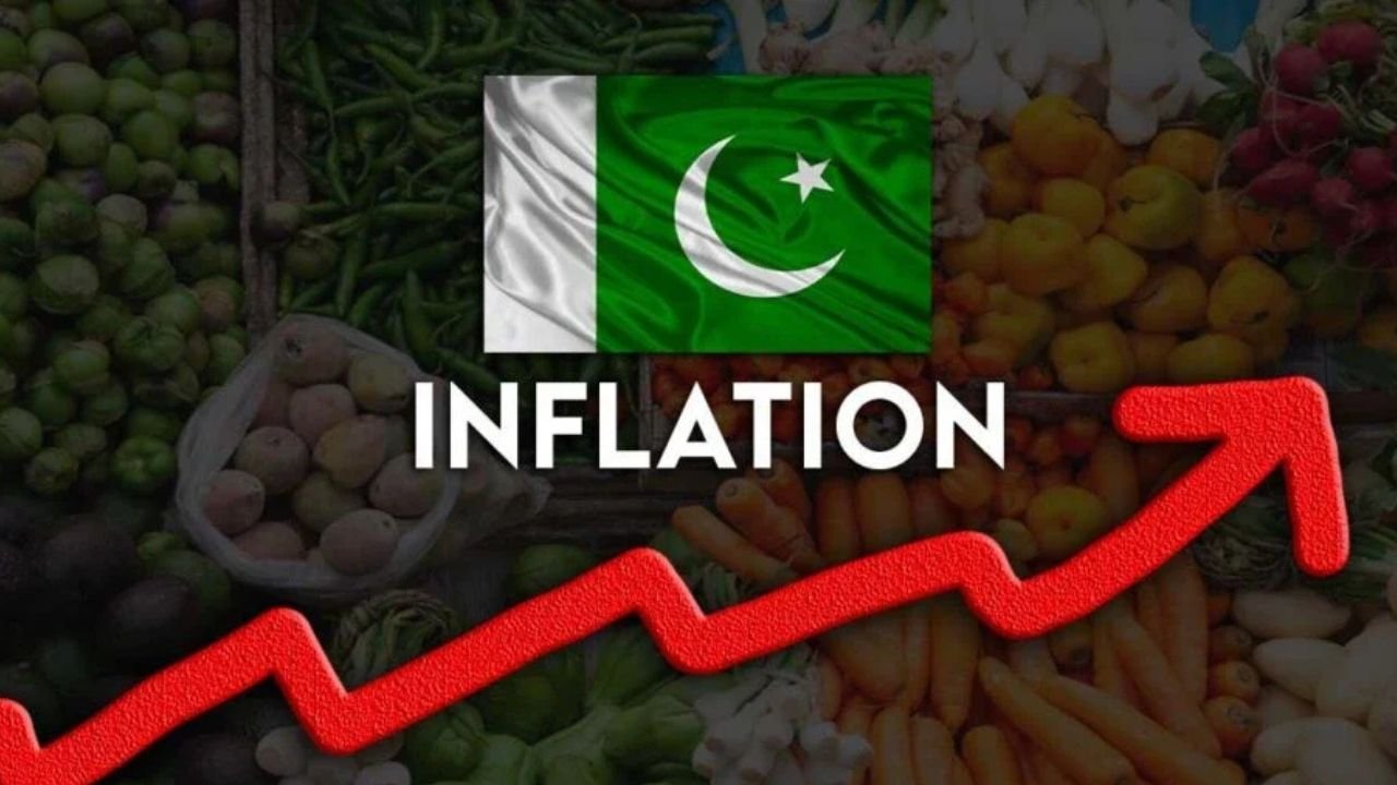 Pakistan inflation report showing rising food and utility prices in 2025, with groceries and an upward price chart.
